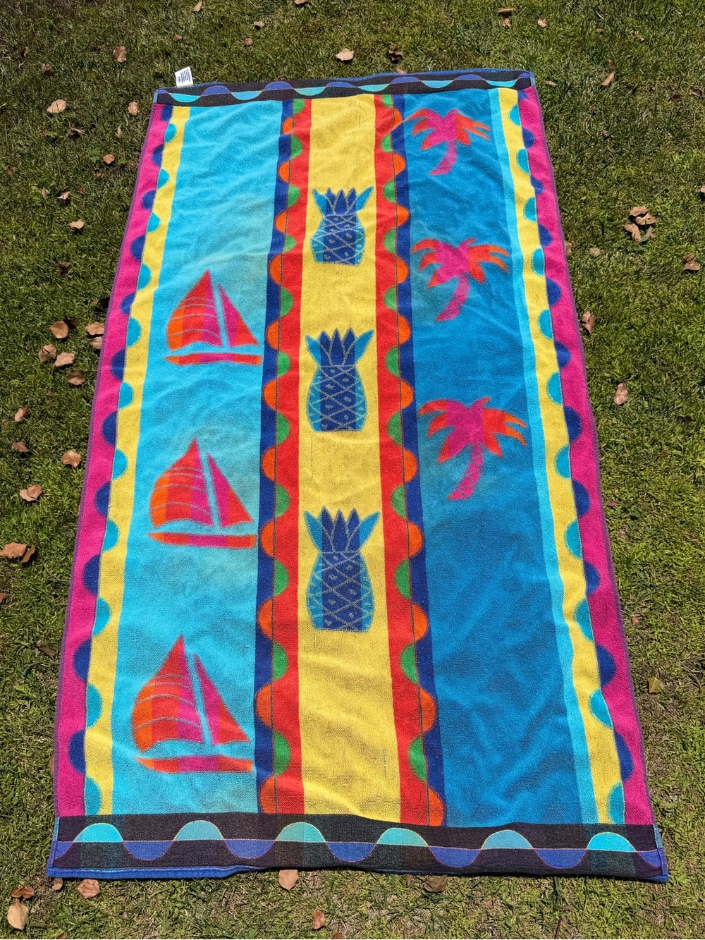 VTG 80s Colorful Beach Towel Bright Tropical Pineapple Sailboat Palm Tree Brazil